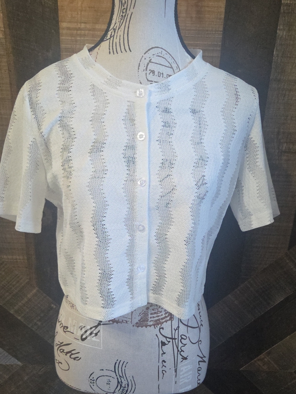 White Short-Sleeve Knit Button-Up Top